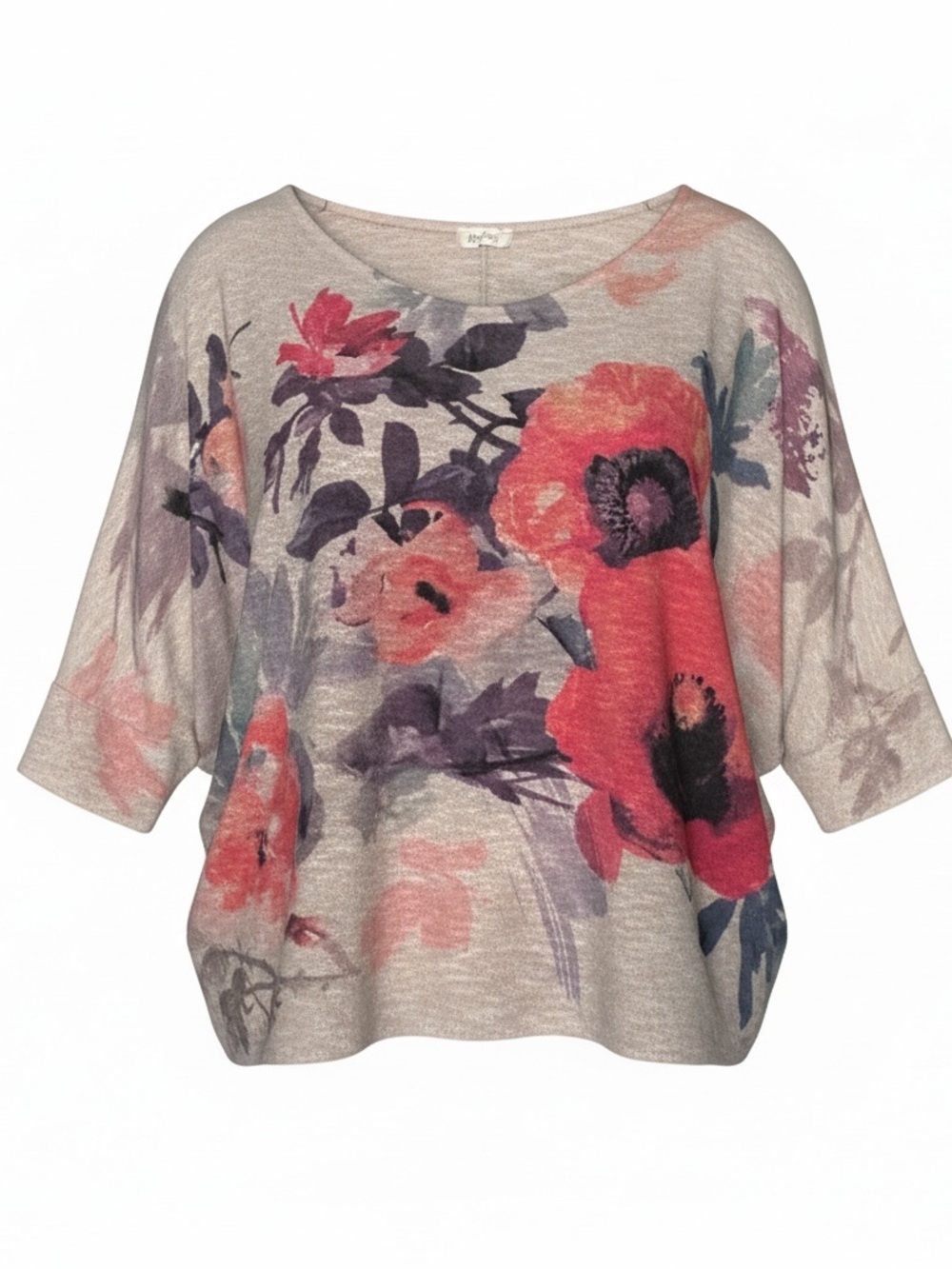 Phil Love Floral Drop-Sleeve Blouse in Beige and Coral